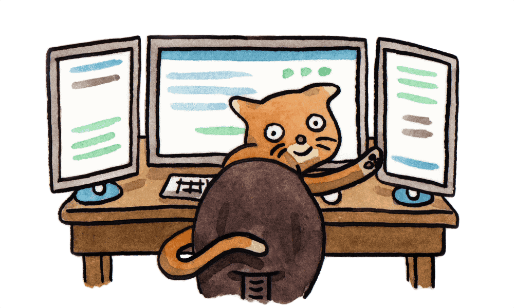 コンピューターの画面が並んだ席から手を振っている猫の水彩画