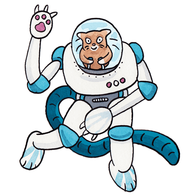 Aquarela de um gato dirigindo um traje de robô
