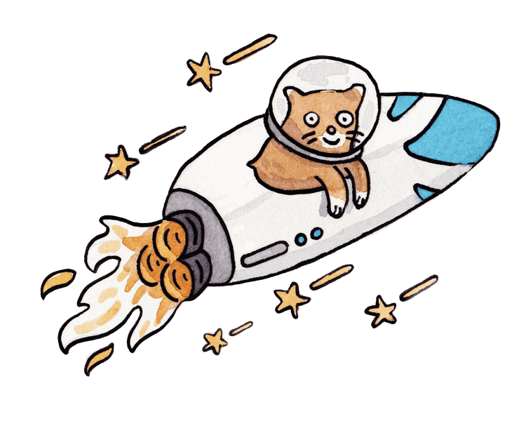 ロケット船に乗った猫の水彩画